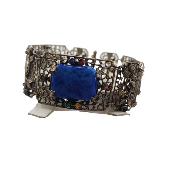 Vintage Czech Style Filigree Brass & Lapis Glass Bracelet (A3858) - Picture 4 of 8